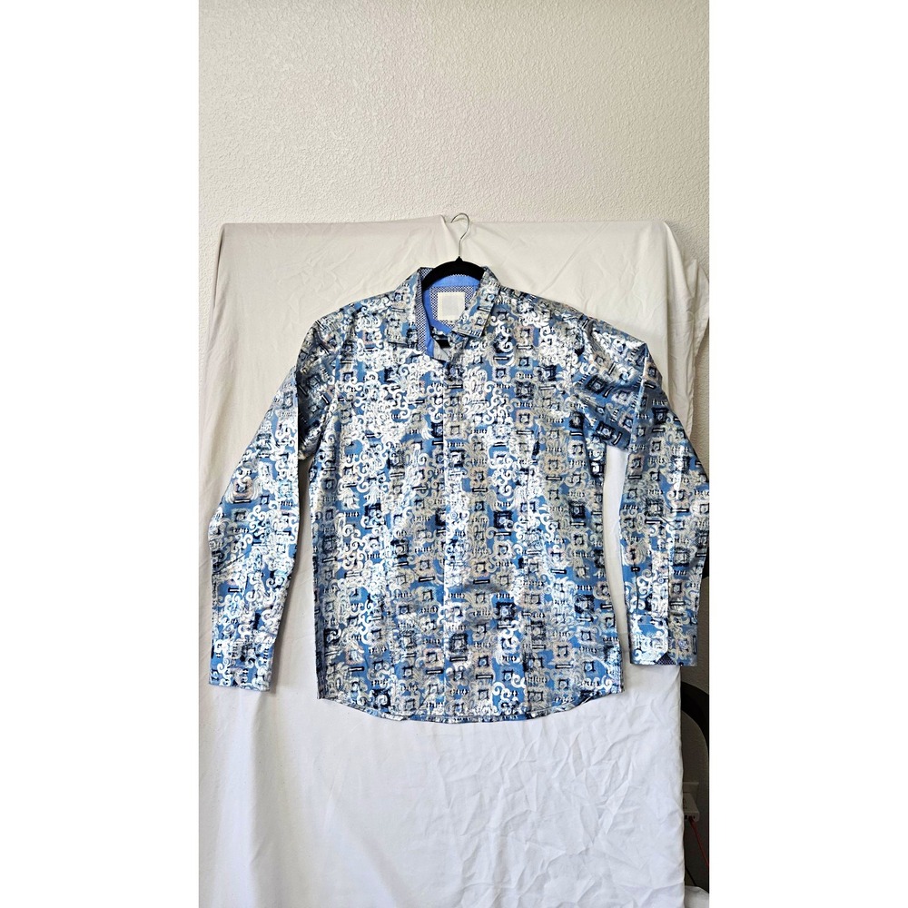 Men's M Regular Long Sleeve Geometric Woven Button-Up Shirt Blue White Polyester